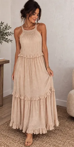 Listicle Size S Beige Ruffle Tiered Boho Maxi Dress Rayon Blend thumbnail 1