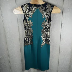 Tadashi Shoji Emerald Green Gold Sequin Neoprene Sheath Dress Small Sleeveless thumbnail 3