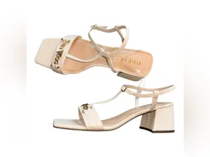 NEW Guess Off White Square Toe Chain Sandals T-Strap Heeled Mules with Gold thumbnail 3