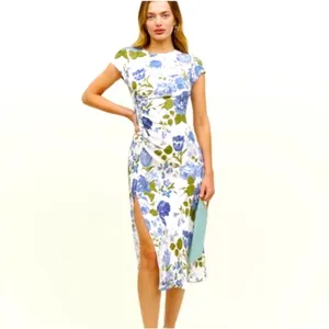 NWT Reformation Blue Floral Midi Dress Slit Ruched Cottagecore Wedding Guest thumbnail 4