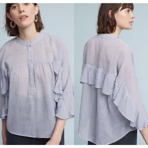 Maeve Anthropologie Women’s Blue White Striped Ruffle Sleeve Cotton Top Small thumbnail 2