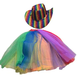Rainbow sparkle glitter Cowboy Hat & Tutu Set pride LGBTQIA+ rainbow halloween thumbnail 3