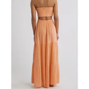 Rip Curl Orange Peach Tiered Maxi Dress Smocked Strapless XS 100% Cotton Boho thumbnail 2