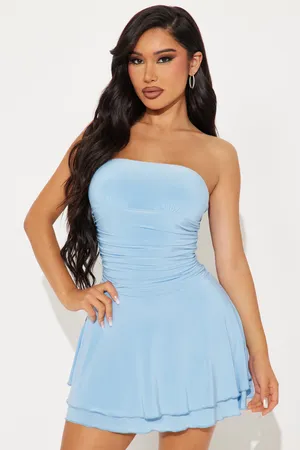 Merokeety BNWT Light Blue Strapless Ruched Waist Tiered Mini Dress thumbnail 1