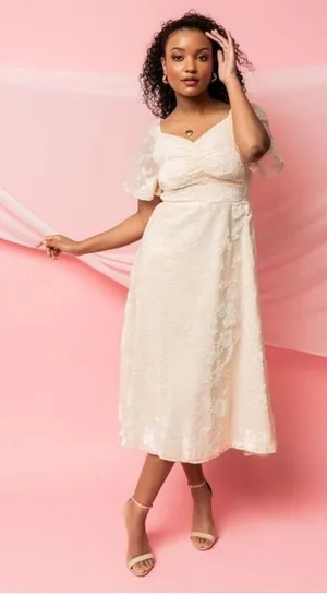 Baltic Born Mera Cream Velvet Floral Flutter Sleeve‎ Midi Dress thumbnail 1