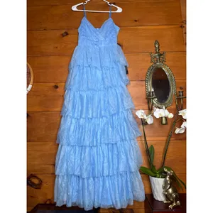 NWT Lulus Rule the Runway Light Blue Tulle Surplice Tiered Maxi Dress Gala Sz M thumbnail 2