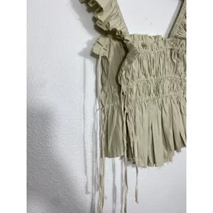 Free People Beige Ruffle Sleeve Drawstring Cropped Blouse Cotton Size S thumbnail 5
