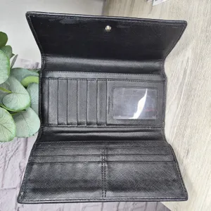 Coach Signature Jacquard Trifold Wallet Black Beige Canvas Leather Checkbook Y2K thumbnail 5