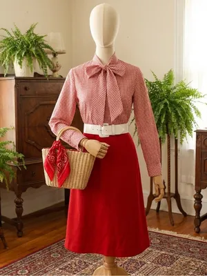 Vintage 70s Gingham Prairie Dress Country Miss Red Cottagecore Picnic Bow Midi M thumbnail 6