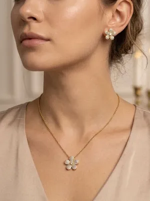 Set Chain Earring Womens Flower Necklace 14K Gold Plated‎ XP Oro Laminado thumbnail 1