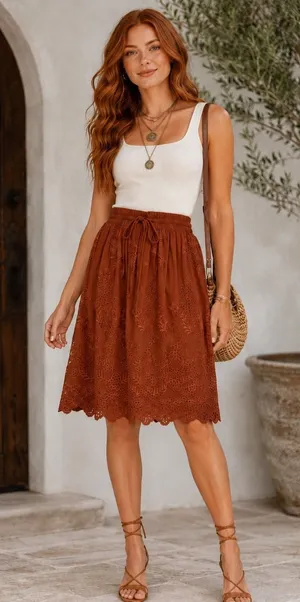 Lottie Rust Brown Eyelet Embroidered Scalloped Mini Skirt Boho Drawstring Waist‎ thumbnail 1
