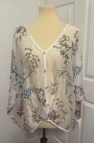 Tempo Paris Silk Blend Floral Boho Blouse Ivory Sheer Button Front Twist Hem Lrg thumbnail 1