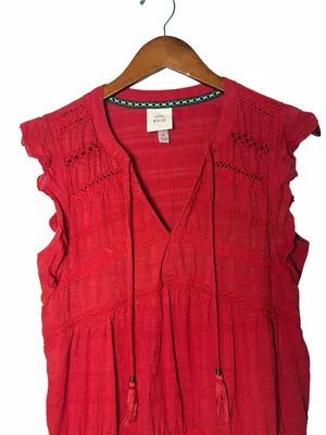 Knox Rose Red Boho Cotton Tiered Mini Dress Crochet Lace Tassel Tie Medium thumbnail 3