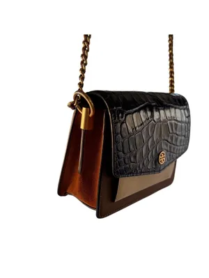 Tory Burch Black Brown Croc Embossed Leather ChainCrossbody Bag Purse thumbnail 2
