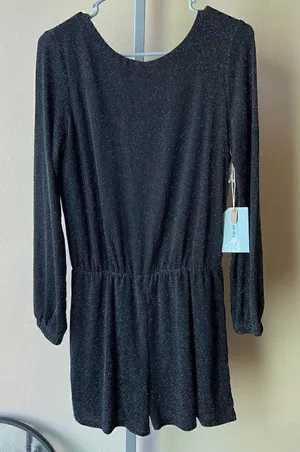 If By Sea Anthropologie Black and Silver Shimmer Open Back Romper Size Medium thumbnail 1