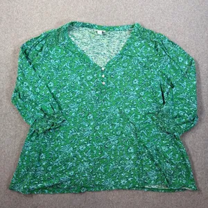 J.Jill Women's 2X Green Floral V-Neck Blouse Top Smocked Shoulder 3/4 Sleeve thumbnail 1