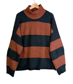 Abercrombie Fitch Striped Mock Neck Sweater Oversized Women XL Brown Black rugby thumbnail 1