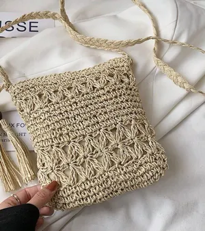 Tassel And Bead Straw Bag Tan thumbnail 1