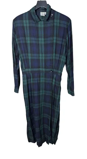 Vintage JG Hook‎ Plaid Rayon Maxi Dress Green Navy Blue Size 16 thumbnail 1