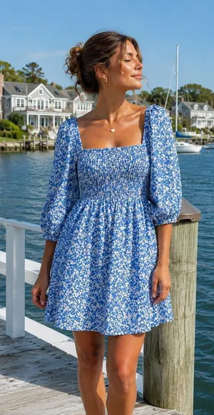 Tuckernuck x Cameron Eubanks Wimberly Blue Floral Linen Blend Smocked Dress NWT thumbnail 1