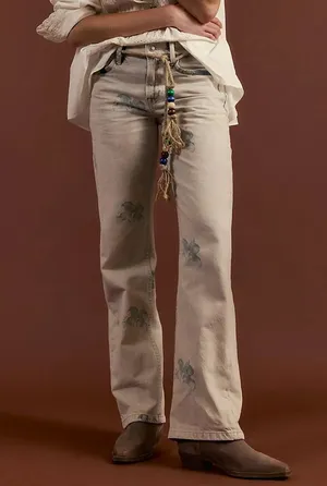 NWT Free People We The Free Geranium Slouchy Straight Jeans Patchwork Fields Fog thumbnail 1