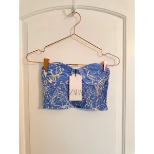 Zara Bustier Top Women Small Blue Floral Smocked‎ Strapless Linen Blend NWT thumbnail 2