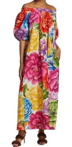 Farm Rio Rainbow Chita Off Should Puff Sleeve Colorful Maxi Dress Size M thumbnail 1