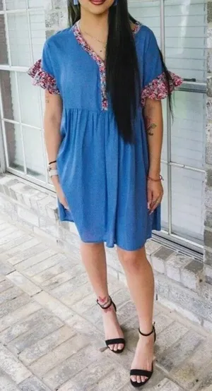 NWT Umgee USA Blue Floral Trim V Neck Button Front Babydoll Dress Size L Boho‎ thumbnail 1