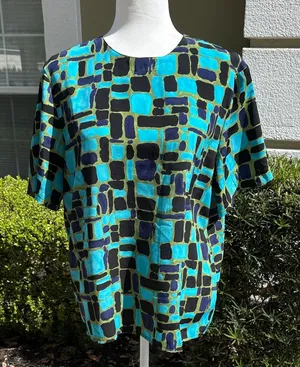 Vintage Kathy Che Geometric Print Top Blue Size L thumbnail 1