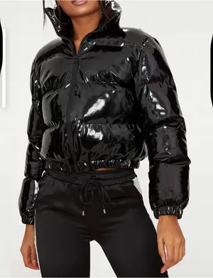 NWT Nanyfair Women's Black Shiny Vinyl Cropped Puffer Jacket Size L thumbnail 3