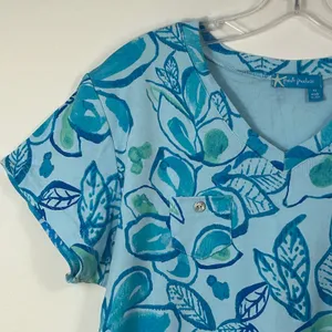 Fresh Produce Womens XL Blue Floral V-Neck Short Sleeve Cotton‎ T-Shirt Made USA thumbnail 7