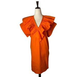 Tela Dress Women XS Orange Cotton Poplin Ruffle V-Neck Cap‎ Sleeve Shift Mini thumbnail 2