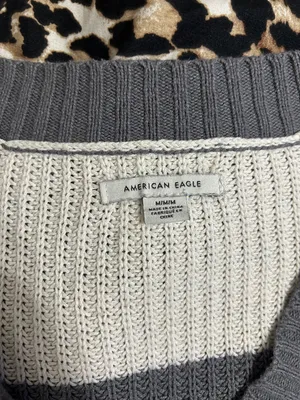 American Eagle Outfitters Striped V-Neck Cropped Sweater in Cream and Gray thumbnail 2