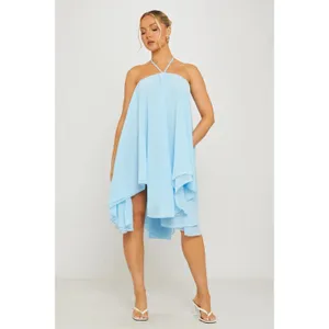 Light Blue Chiffon Halter Flutter Babydoll Asymmetric Mini Dress S thumbnail 2