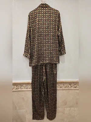 vintage Victoria's Secret pajama set black gold geometric pattern S thumbnail 2