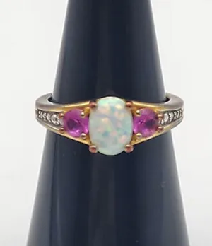 Kiran Jewelers Gold Tone White Fire Opal, Pink Topaz, & Diamond Ring (7) thumbnail 1