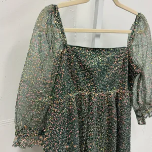 Altar'd State‎ Sparkly Beaded Embellished Green Babydoll Mini Dress Medium Boho thumbnail 5
