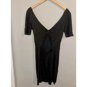 Free People Dark Gray V-Neck Knit Studs Short Sleeve Boho‎ Shift Dress - small thumbnail 3