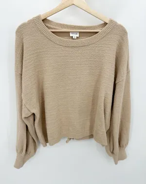 Le lis Tan‎ Cinch Back Balloon Sleeve Knit Pullover Sweater M Quiet Luxury Minimal thumbnail 1