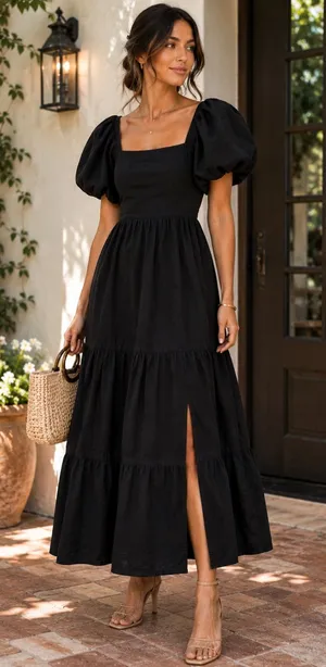 ASTR The Label Black Puff Sleeve Square Neck Tiered Midi Dress XS thumbnail 1
