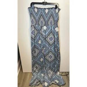 Cato XL Strapless Maxi Dress Blue Black Geometric Smocked Boho Stretch thumbnail 12