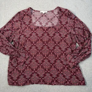 LOFT Women's XL Square Neck Long Sleeve Blouse Top Maroon Floral Paisley thumbnail 1