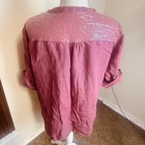 Dusty Rose 100% Linen Top Blouse made in Italy sequins roll tab sleeves camp M thumbnail 4