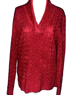 Red Cable Knit Shawl Collar Pullover Sweater Long Sleeve Textured Knit Top thumbnail 1
