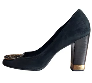 Tory Burch Maddie Suede Pumps Black Gold Logo Block Heel Size 9 thumbnail 1