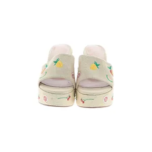 Beige Linen Fruit Embroidered Platform Mule Sandals Chunky Block Heel Y2K 11 thumbnail 2