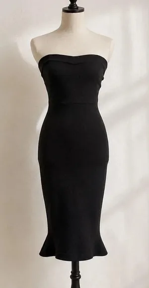 House of CB London Black Strapless Bodycon Midi Dress Fluted Hem Bandage Size L thumbnail 1