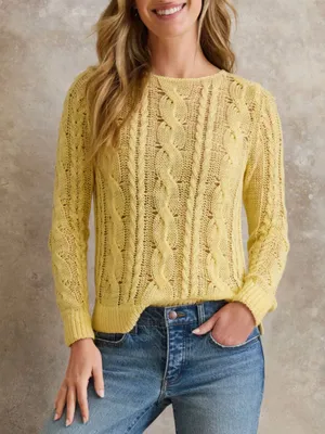 Garnet Hill Linen & Organic-Cotton Cabled Pullover Sweater Sunlight XL thumbnail 1