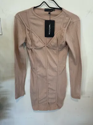 PRETTYLITTLETHING Nude Ribbed Long-Sleeve Bodycon Dress thumbnail 1