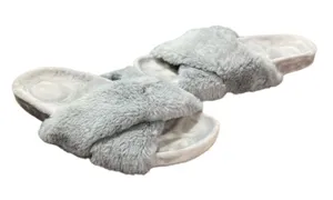 Fitory Slippers Womens Size 7 Gray Cross Band Plush Slip On Slides Cozy‎ Casual thumbnail 1